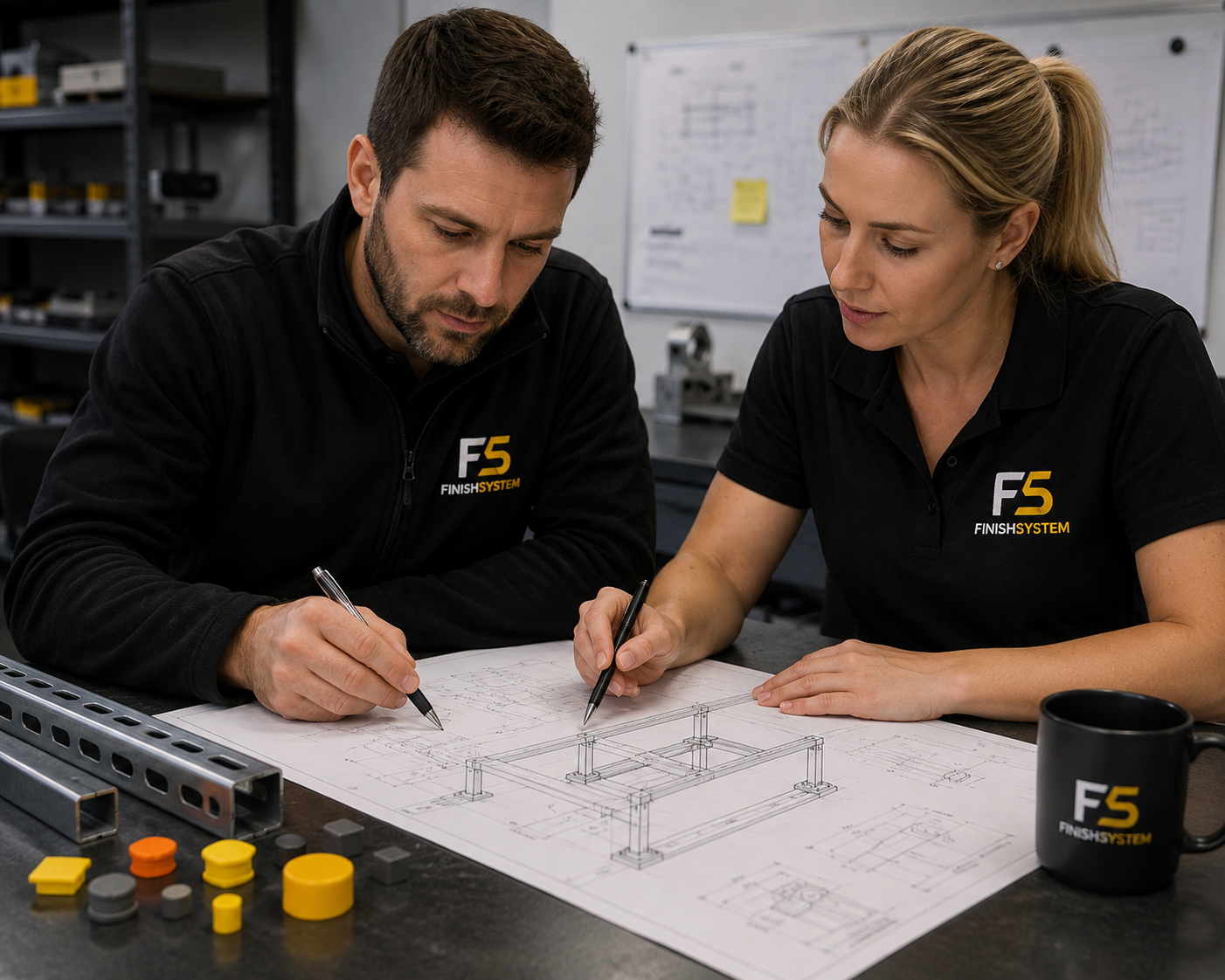 FinishSystem team reviewing a controlled technical drawing